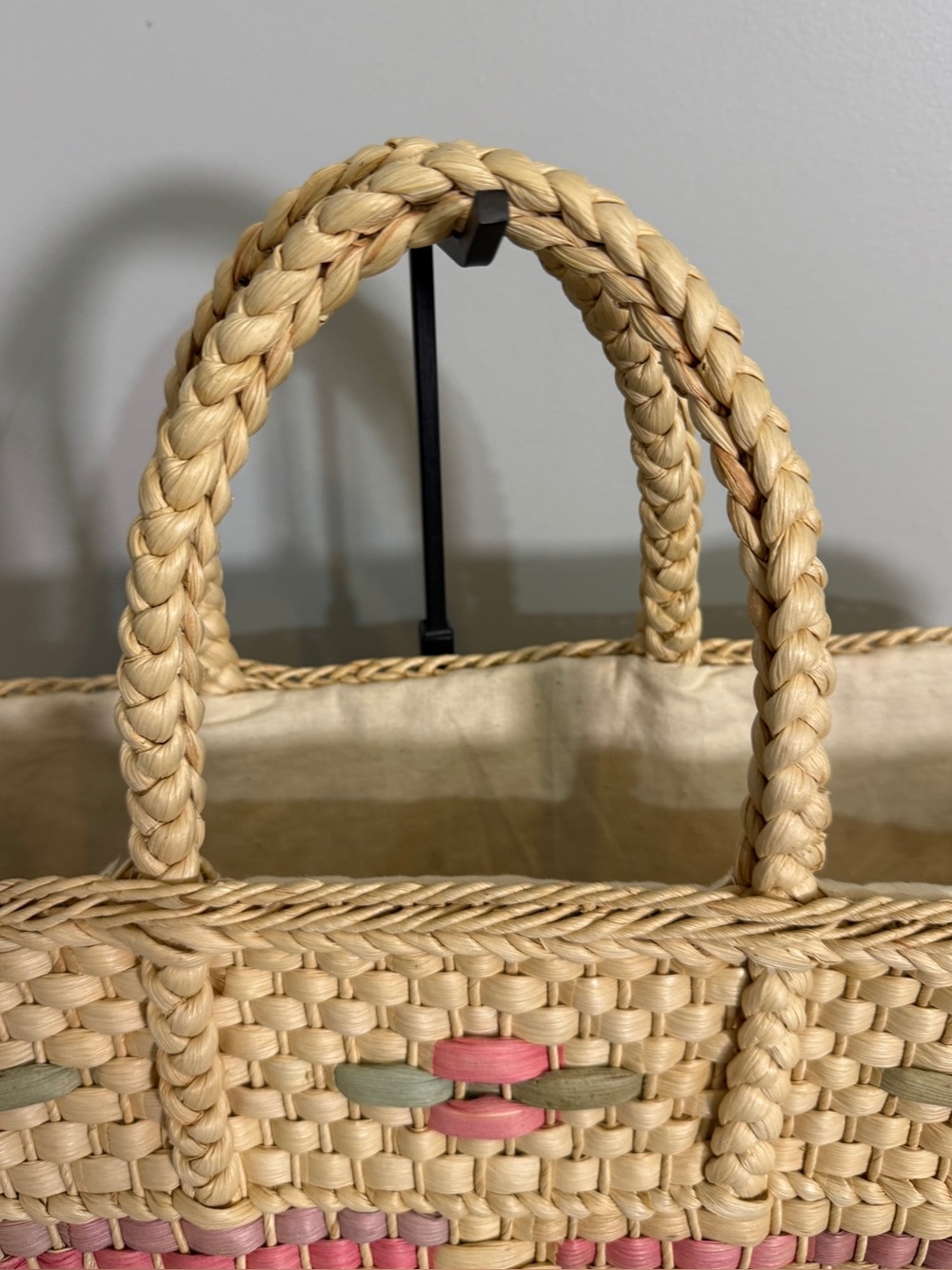 Vintage Straw Tote Market Bag Woven Pastel Pink Blue Purple Diamond Pattern - Picture 7 of 16